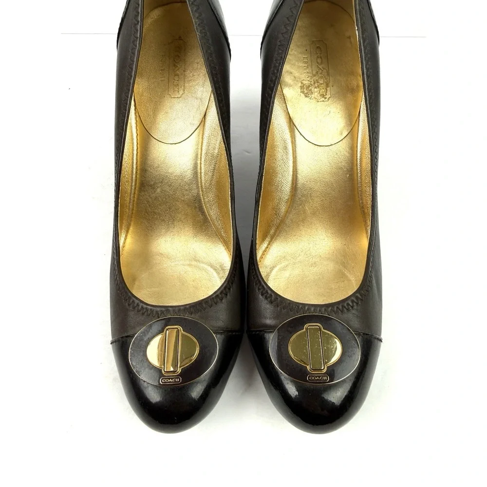 Coach Phebbie Heels 7.5 Y2K Brown Leather Chunky Pump Gold Logo Shoes